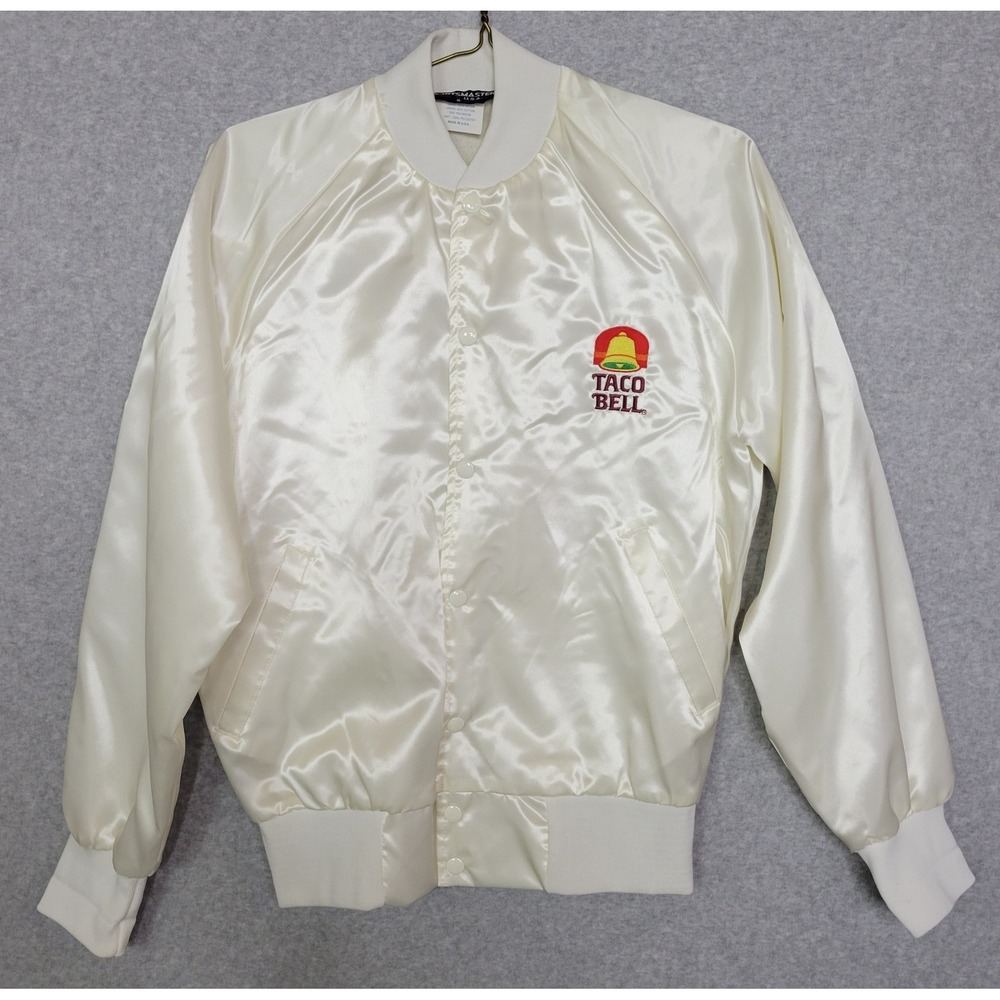 Vintage Sportsmaster Taco Bell Satin Bomber Jacket White Small Made in USA